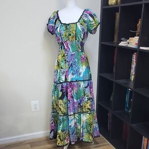 MONROE & MAIN Cotton Multicolor Tropical Print Puffed Sleeve Tiered Maxi Dress